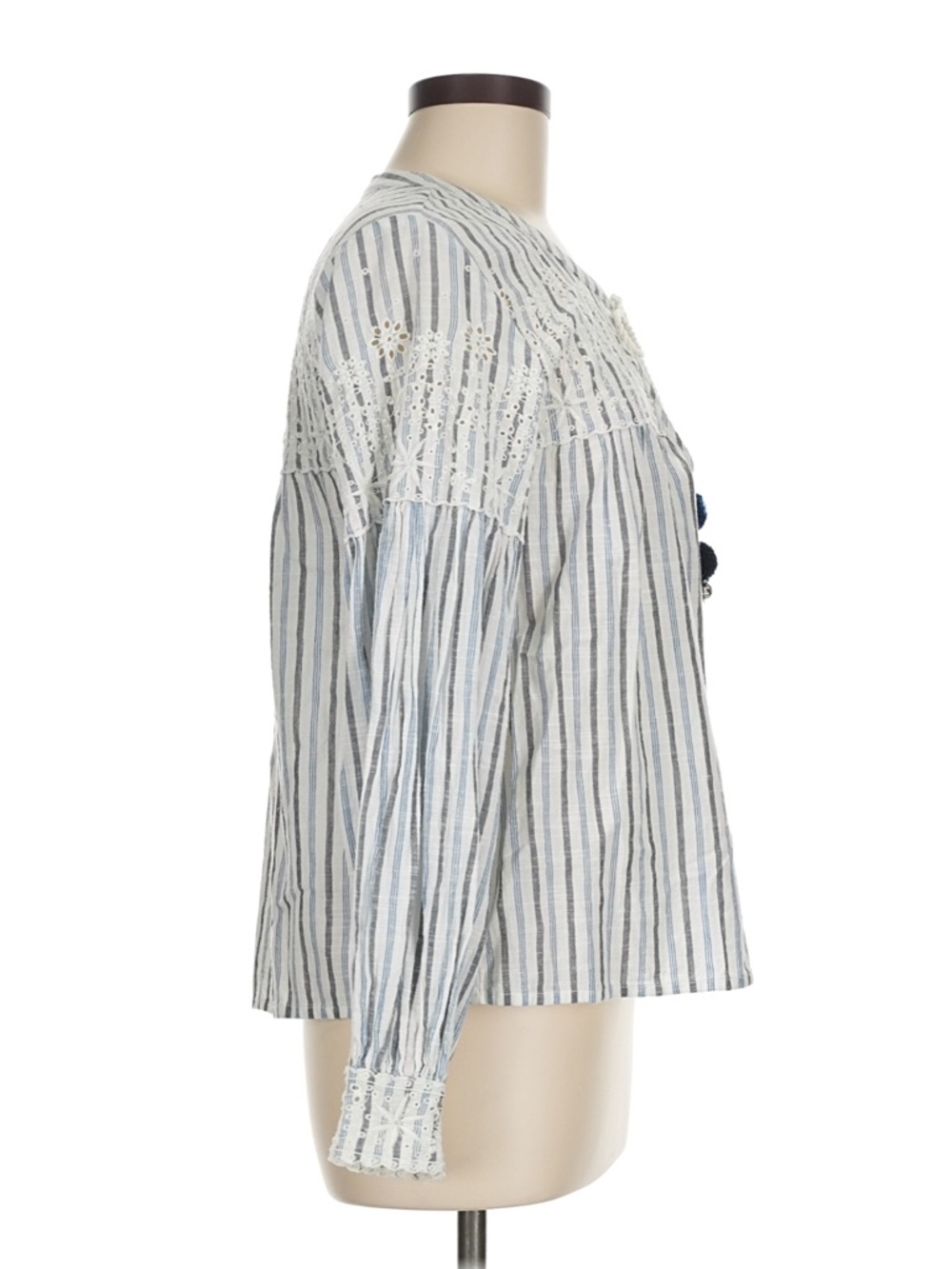 LoveShackFancy Striped Eyelet Blouse Boho Top Blue White Tassel Size M - Picture 4 of 8